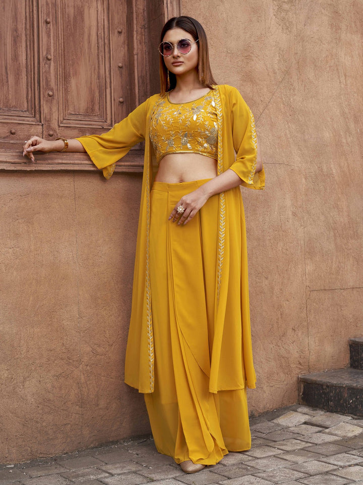 Yellow-Georgette-Embroidered-Crop-Top,-Skirt-with-Shrug
