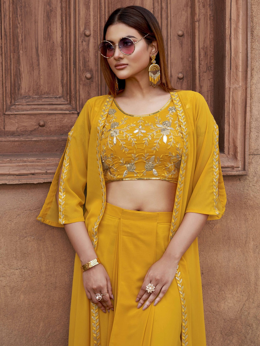 Yellow-Georgette-Embroidered-Crop-Top,-Skirt-with-Shrug