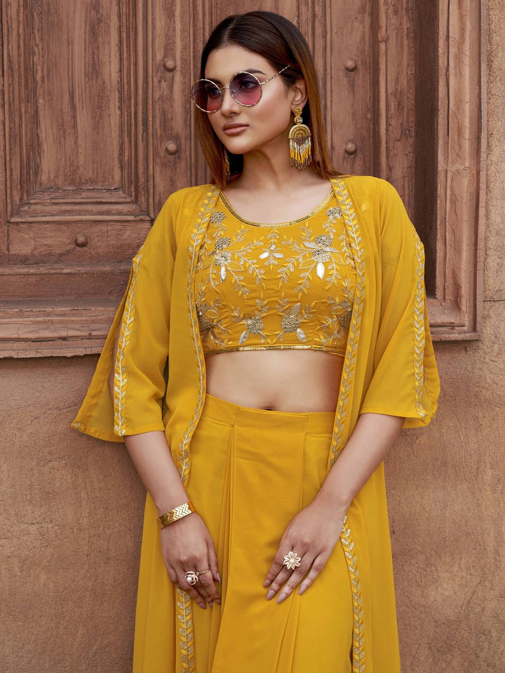 Yellow-Georgette-Embroidered-Crop-Top,-Skirt-with-Shrug