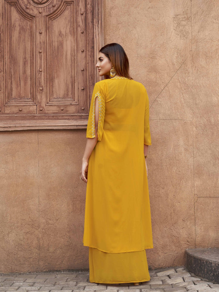 Yellow-Georgette-Embroidered-Crop-Top,-Skirt-with-Shrug