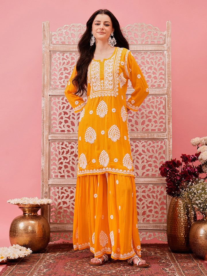 Yellow-Modal-Lucknowi-Chikankari-Sharara-Set-(Set-Of-2)