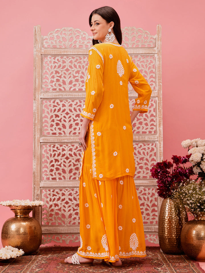 Yellow-Modal-Lucknowi-Chikankari-Sharara-Set-(Set-Of-2)