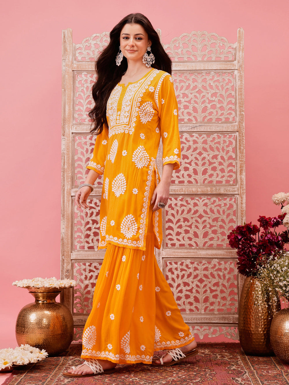 Yellow-Modal-Lucknowi-Chikankari-Sharara-Set-(Set-Of-2)