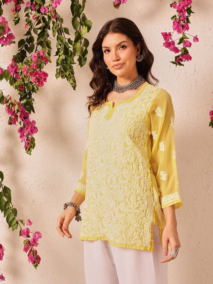 Yellow-Poly-Georgette-Lucknowi-Chikankari-Short-Kurta-ONLY
