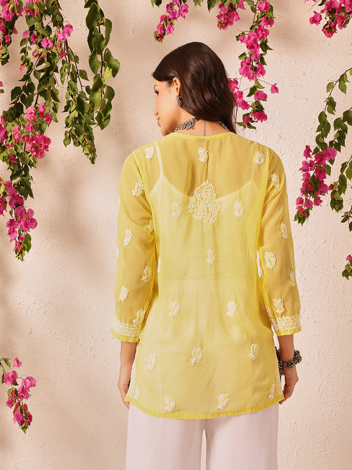 Yellow-Poly-Georgette-Lucknowi-Chikankari-Short-Kurta-ONLY