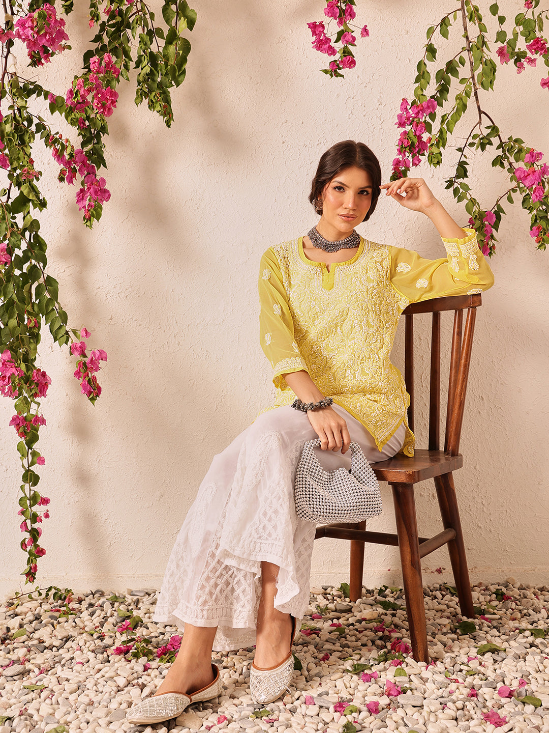 Yellow-Poly-Georgette-Lucknowi-Chikankari-Short-Kurta-ONLY