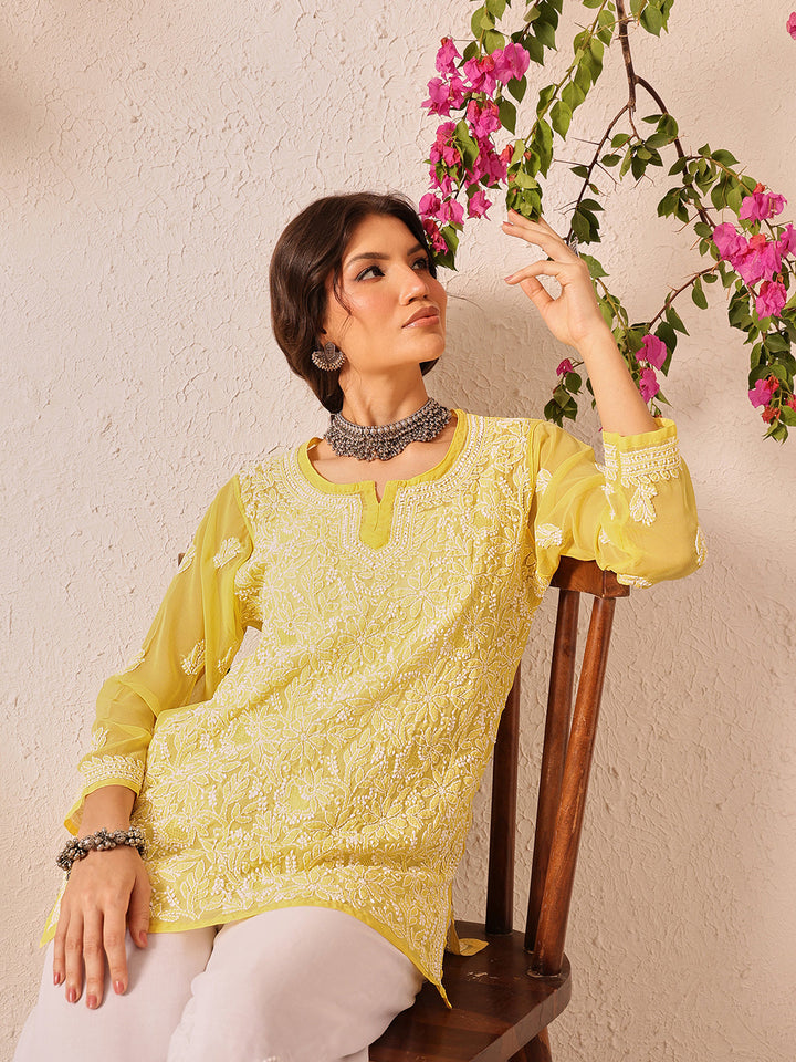 Yellow-Poly-Georgette-Lucknowi-Chikankari-Short-Kurta-ONLY