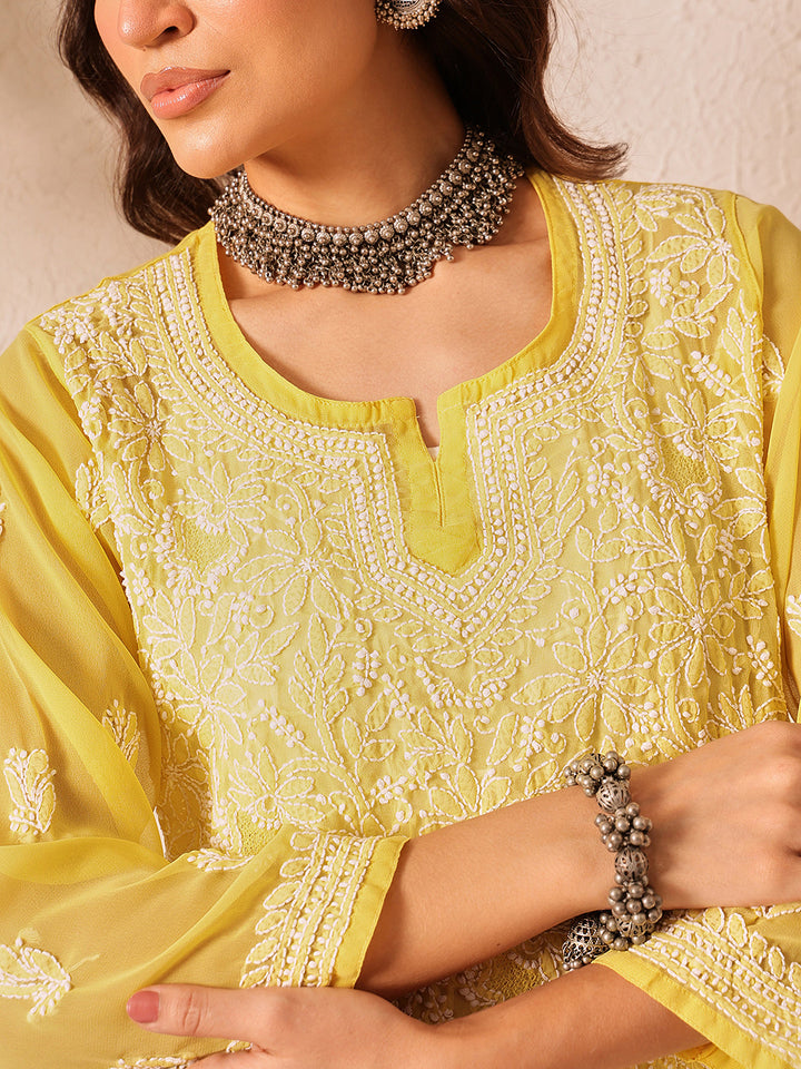 Yellow-Poly-Georgette-Lucknowi-Chikankari-Short-Kurta-ONLY