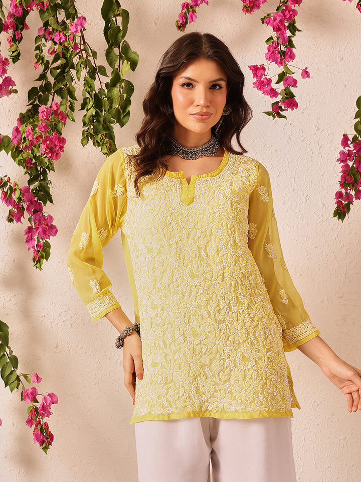Yellow-Poly-Georgette-Lucknowi-Chikankari-Short-Kurta-ONLY
