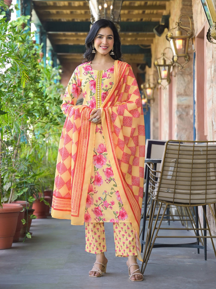 Yellow-Rayon-Blend-Floral-Printed-Straight-3-Piece-Kurta-Set