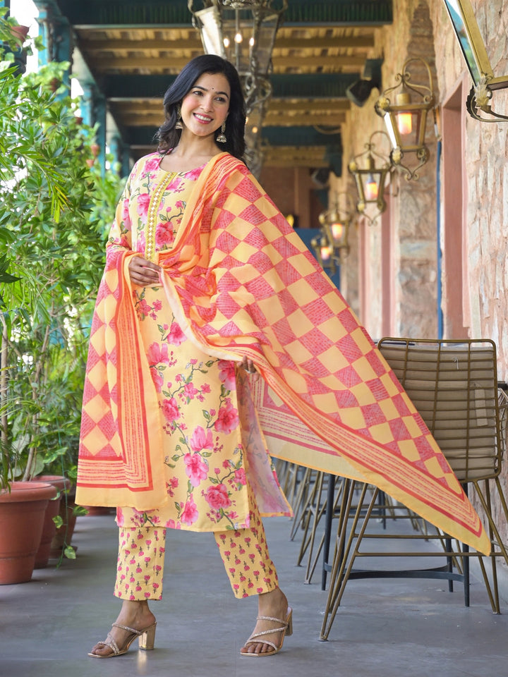 Yellow-Rayon-Blend-Floral-Printed-Straight-3-Piece-Kurta-Set