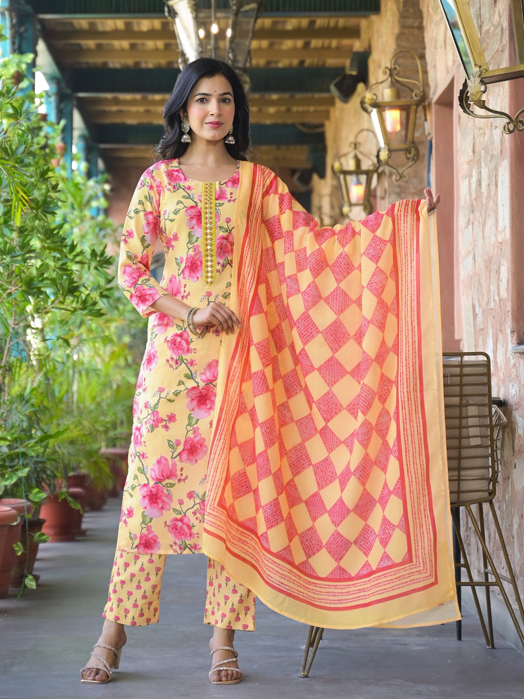 Yellow-Rayon-Blend-Floral-Printed-Straight-3-Piece-Kurta-Set