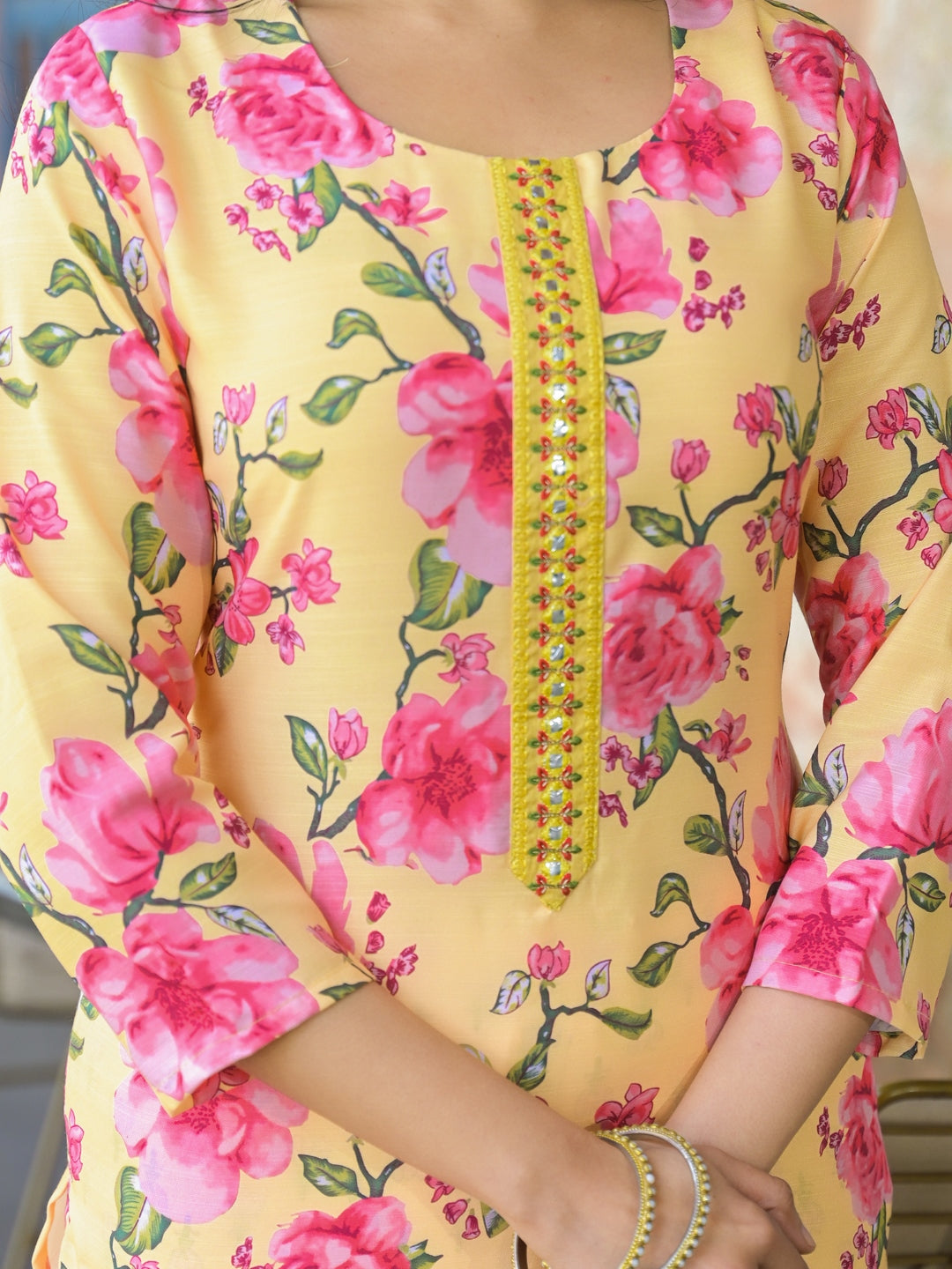 Yellow-Rayon-Blend-Floral-Printed-Straight-3-Piece-Kurta-Set