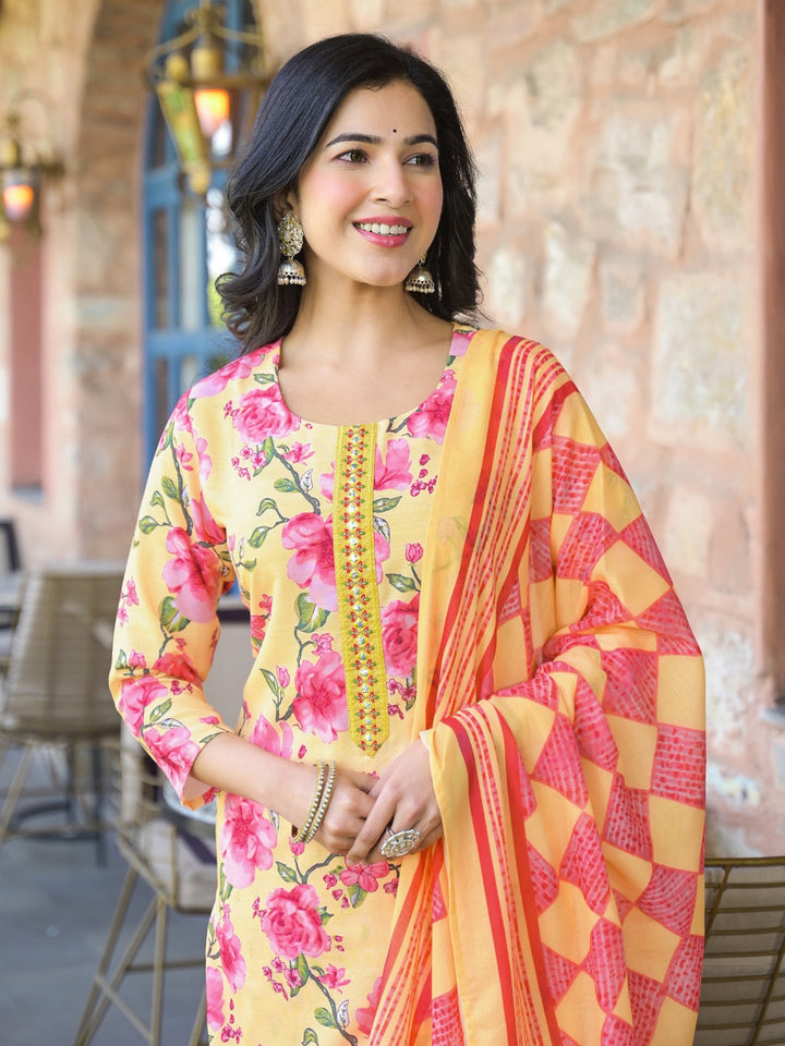 Yellow-Rayon-Blend-Floral-Printed-Straight-3-Piece-Kurta-Set