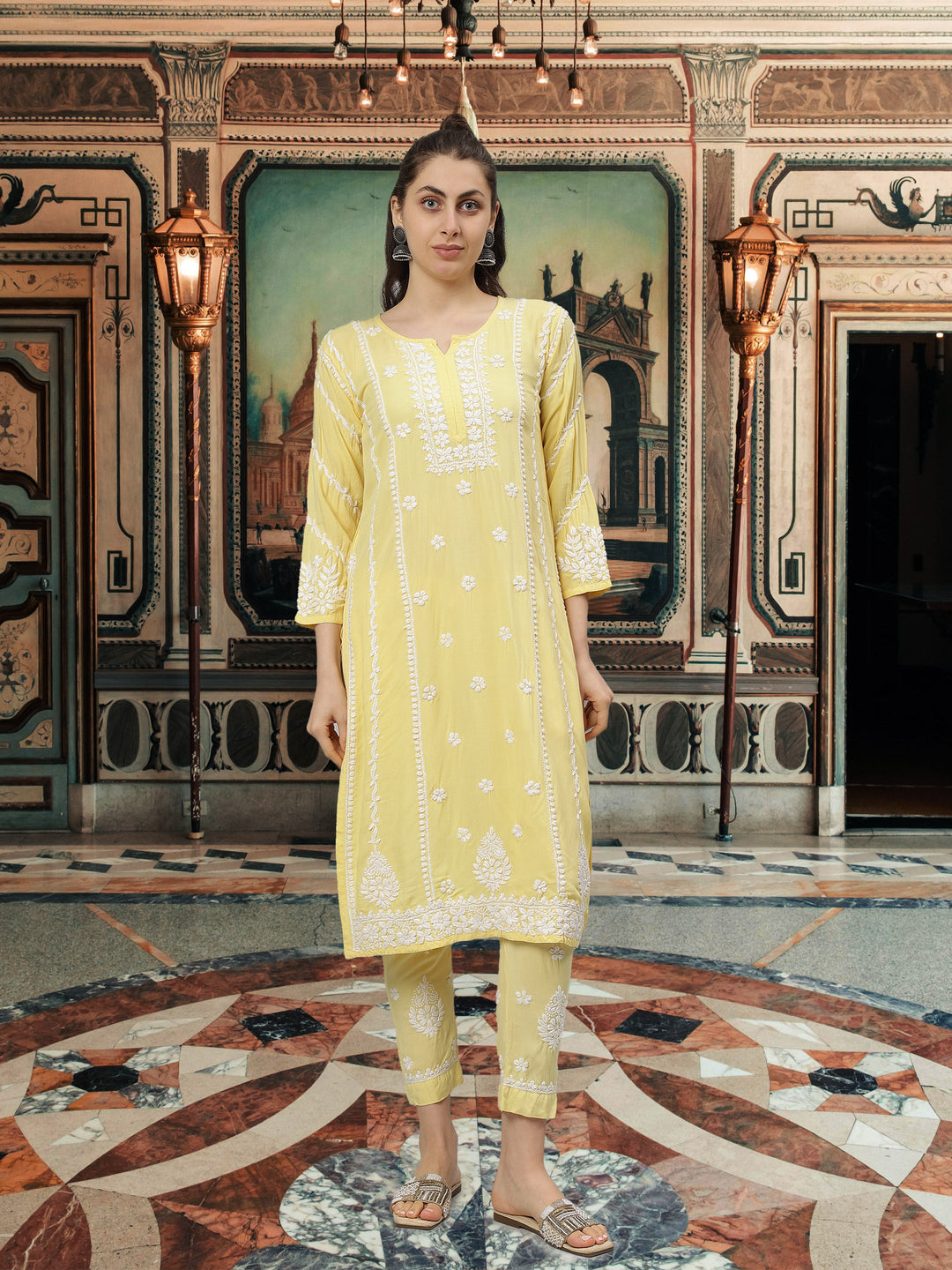 Yellow-Rayon-Lucknowi-Chikankari-Kurta-with-Pant-Set