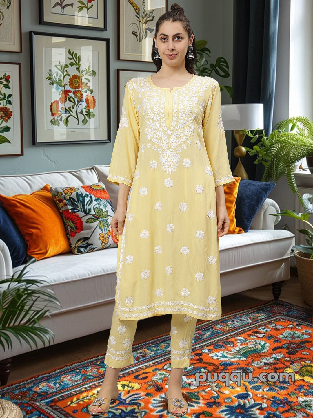 Pale-Yellow-Rayon-Lucknowi-Chikankari-Kurta-with-Pant-Set