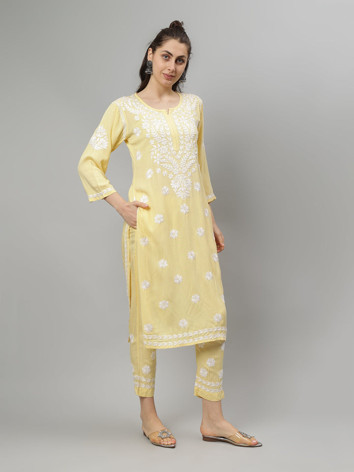 Pale-Yellow-Rayon-Lucknowi-Chikankari-Kurta-with-Pant-Set