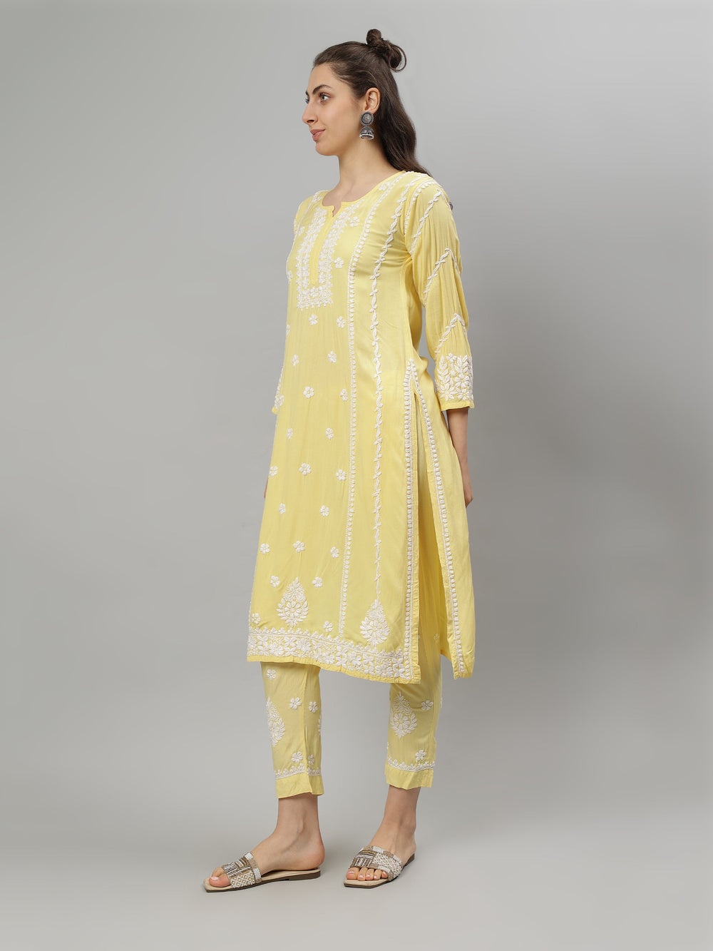 Yellow-Rayon-Lucknowi-Chikankari-Kurta-with-Pant-Set