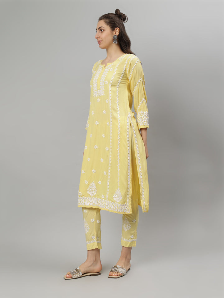 Yellow-Rayon-Lucknowi-Chikankari-Kurta-with-Pant-Set