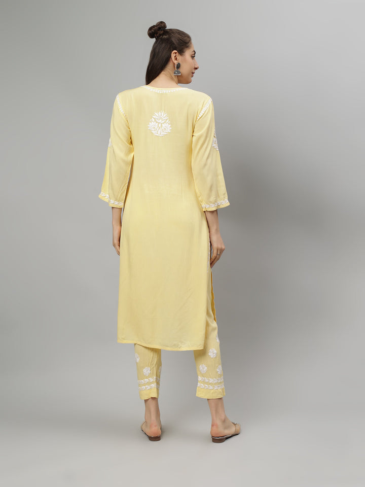 Pale-Yellow-Rayon-Lucknowi-Chikankari-Kurta-with-Pant-Set