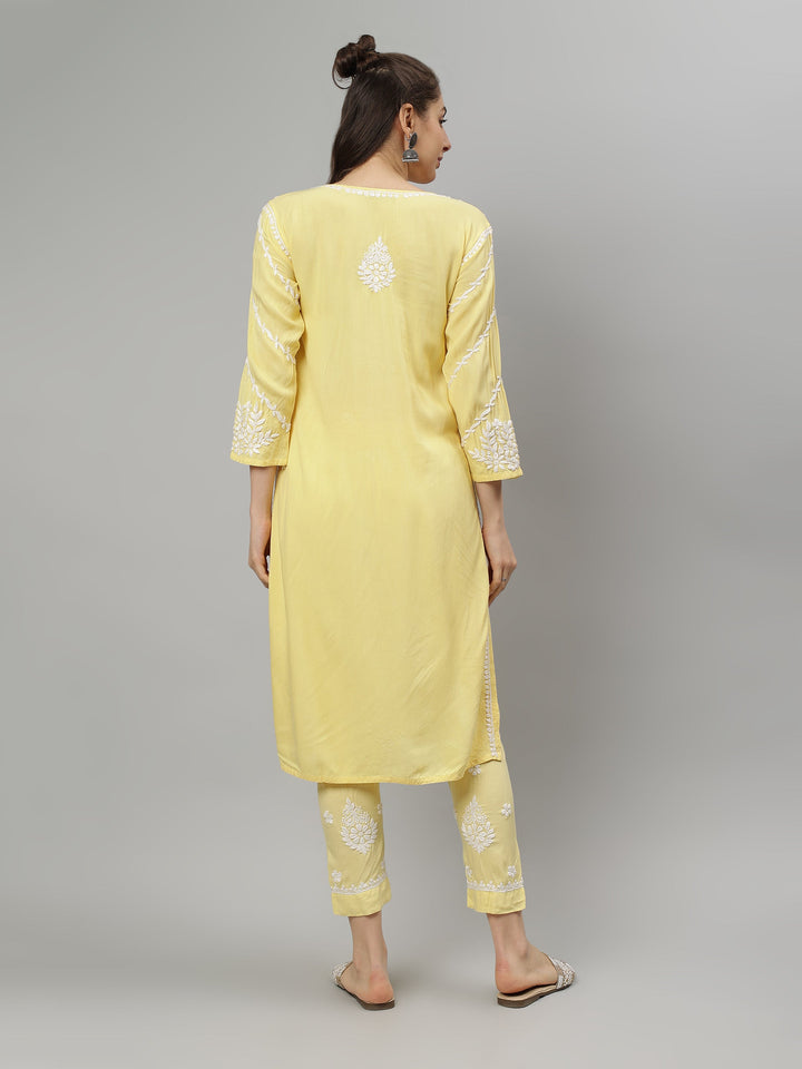 Yellow-Rayon-Lucknowi-Chikankari-Kurta-with-Pant-Set