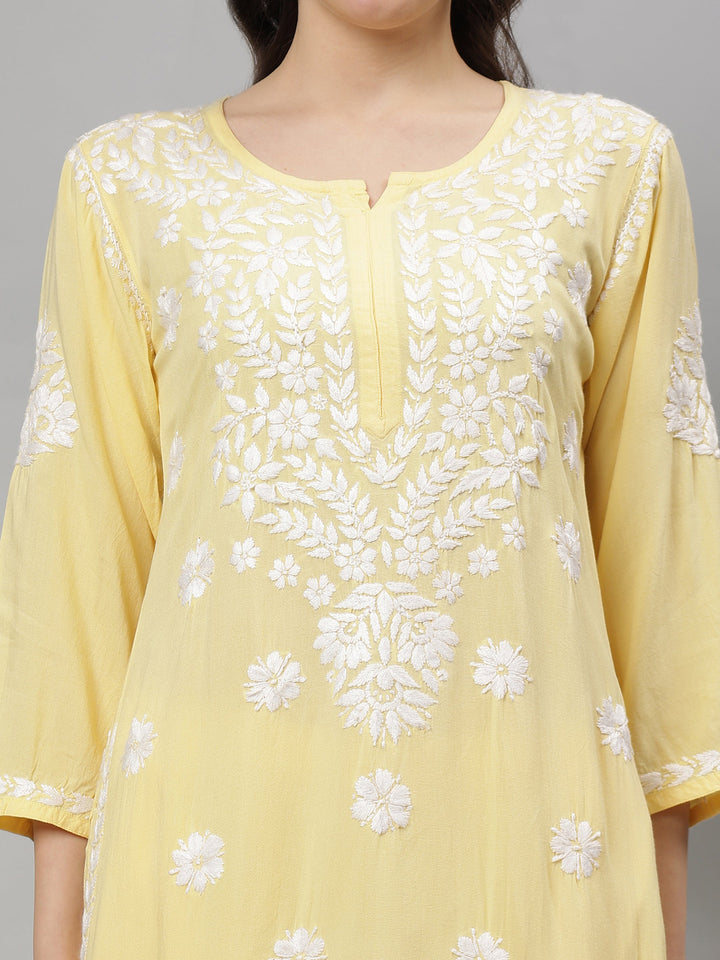 Pale-Yellow-Rayon-Lucknowi-Chikankari-Kurta-with-Pant-Set