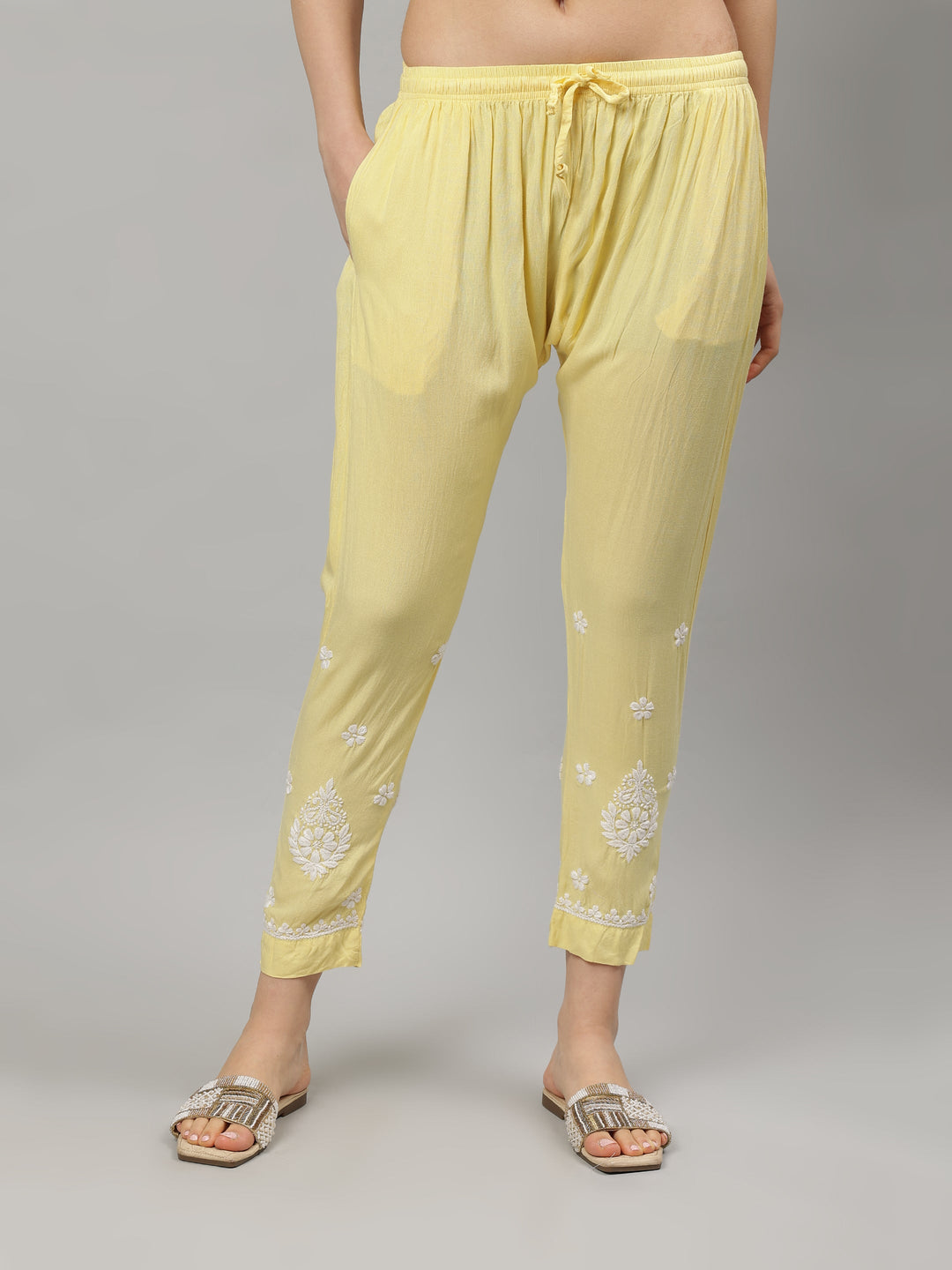 Yellow-Rayon-Lucknowi-Chikankari-Kurta-with-Pant-Set