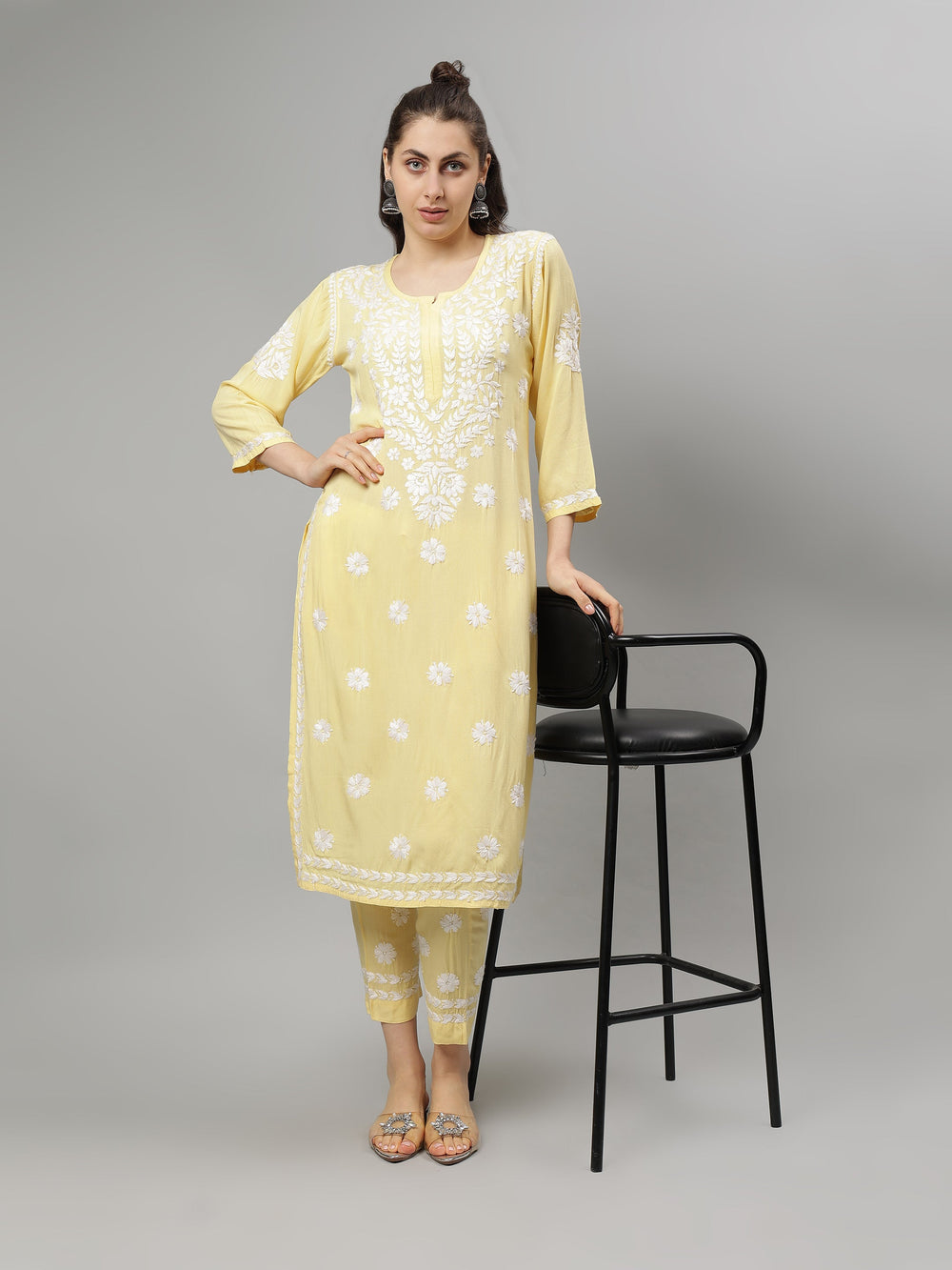 Pale-Yellow-Rayon-Lucknowi-Chikankari-Kurta-with-Pant-Set