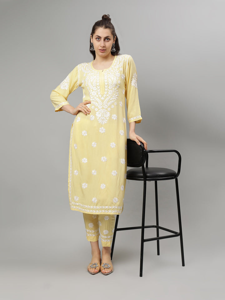Pale-Yellow-Rayon-Lucknowi-Chikankari-Kurta-with-Pant-Set