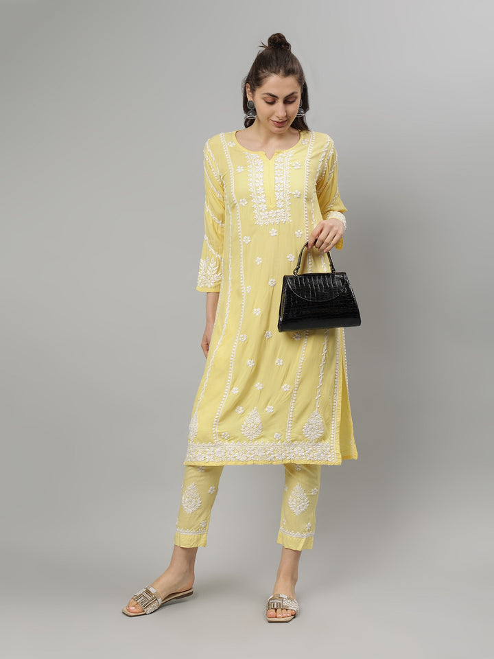 Yellow-Rayon-Lucknowi-Chikankari-Kurta-with-Pant-Set