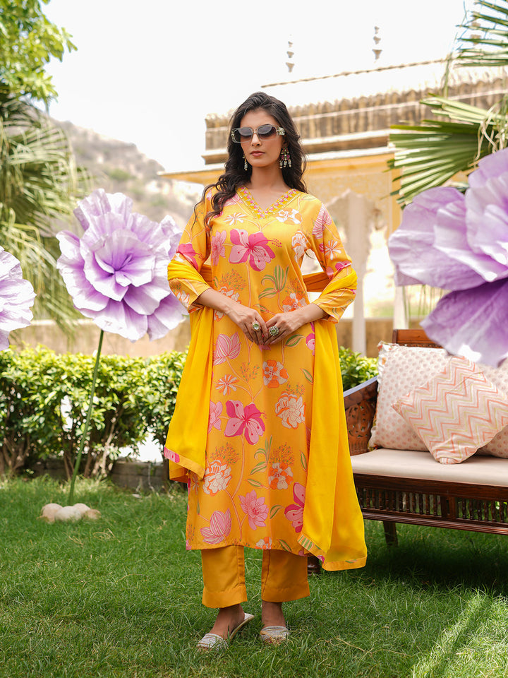 Yellow-Silk-Blend-Floral-Printed-Straight-3-Piece-Kurta-Set
