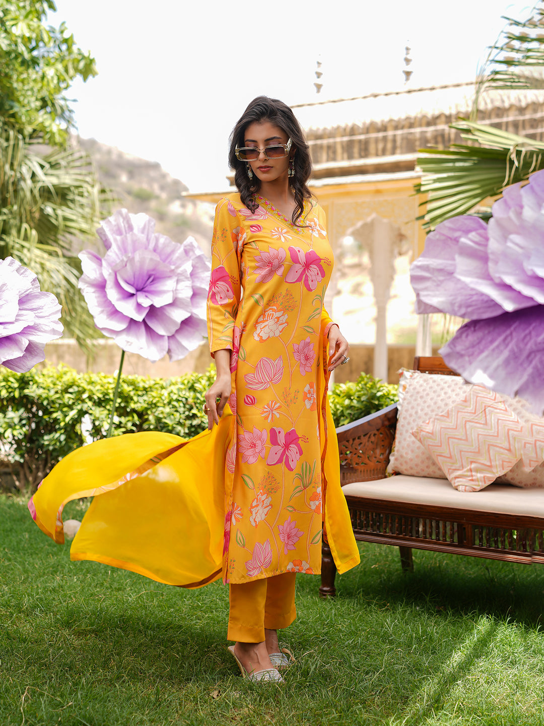 Yellow-Silk-Blend-Floral-Printed-Straight-3-Piece-Kurta-Set