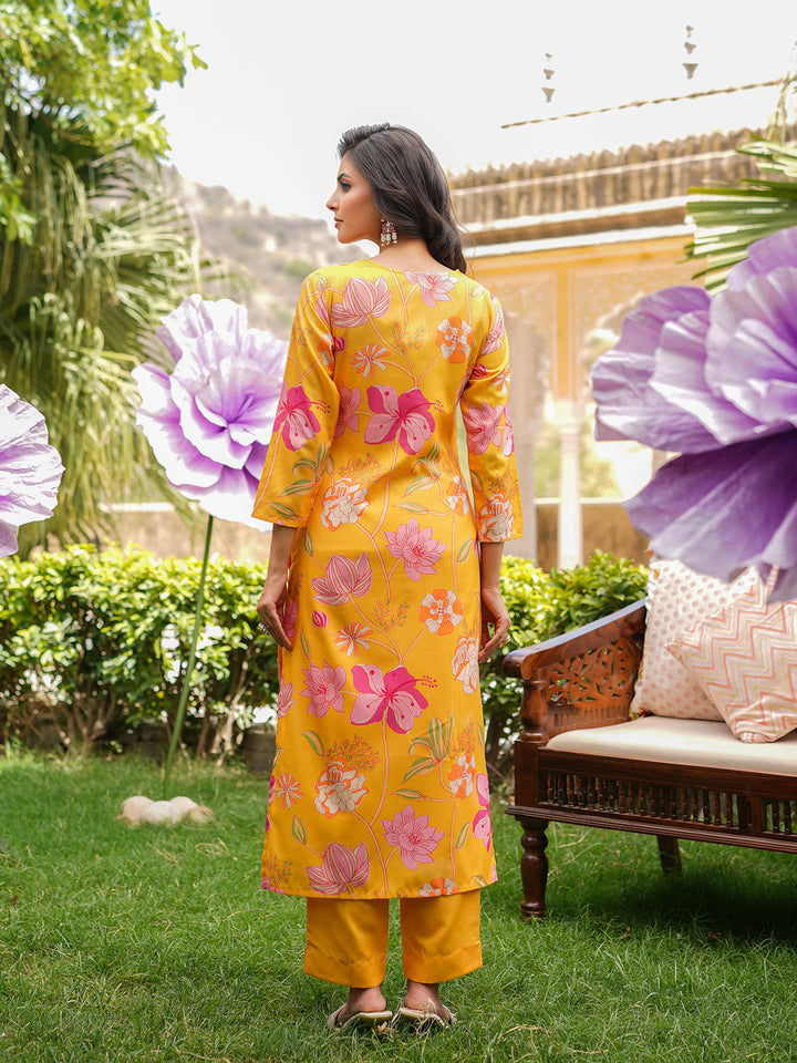 Yellow-Silk-Blend-Floral-Printed-Straight-3-Piece-Kurta-Set