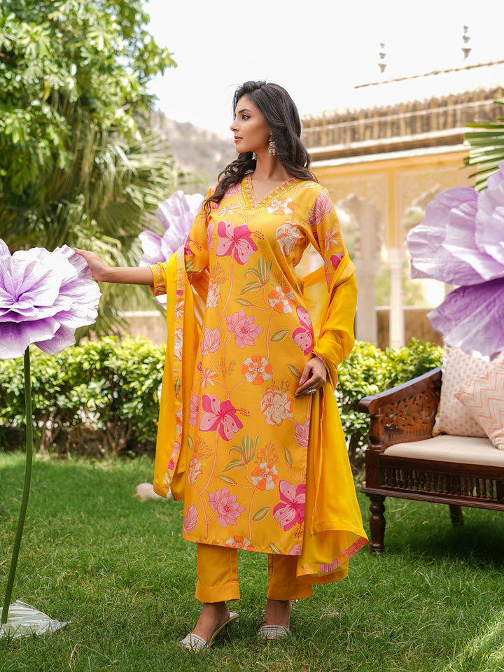 Yellow-Silk-Blend-Floral-Printed-Straight-3-Piece-Kurta-Set