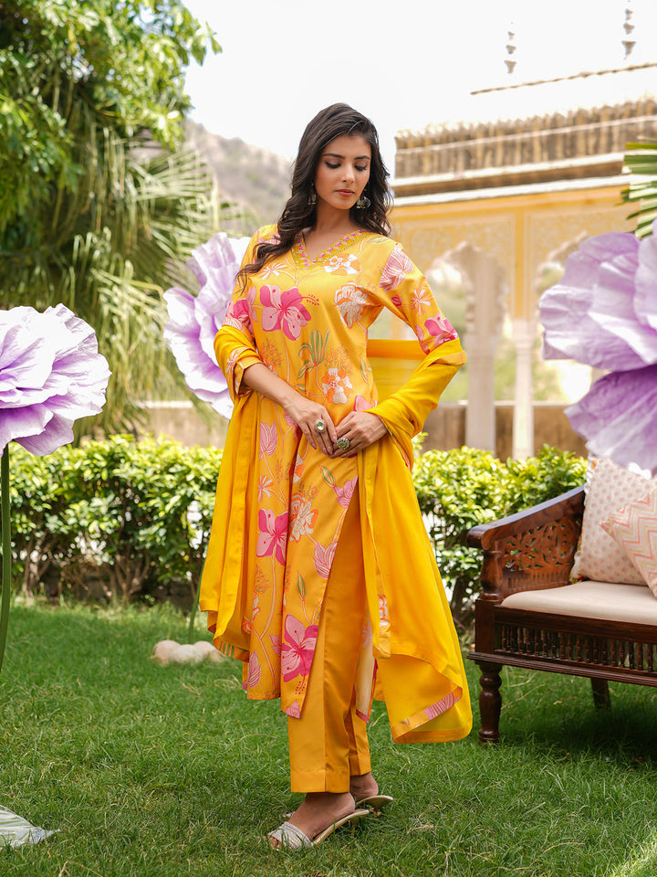 Yellow-Silk-Blend-Floral-Printed-Straight-3-Piece-Kurta-Set