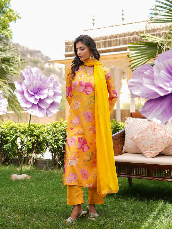 Yellow-Silk-Blend-Floral-Printed-Straight-3-Piece-Kurta-Set