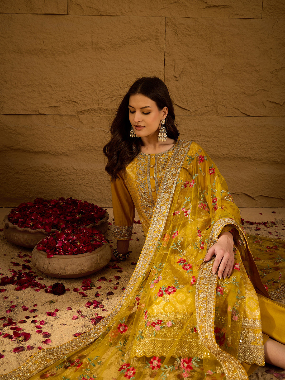 Yellow-Silk-Blend-Solid-Woven-Design-3-Piece-Kurta-Set