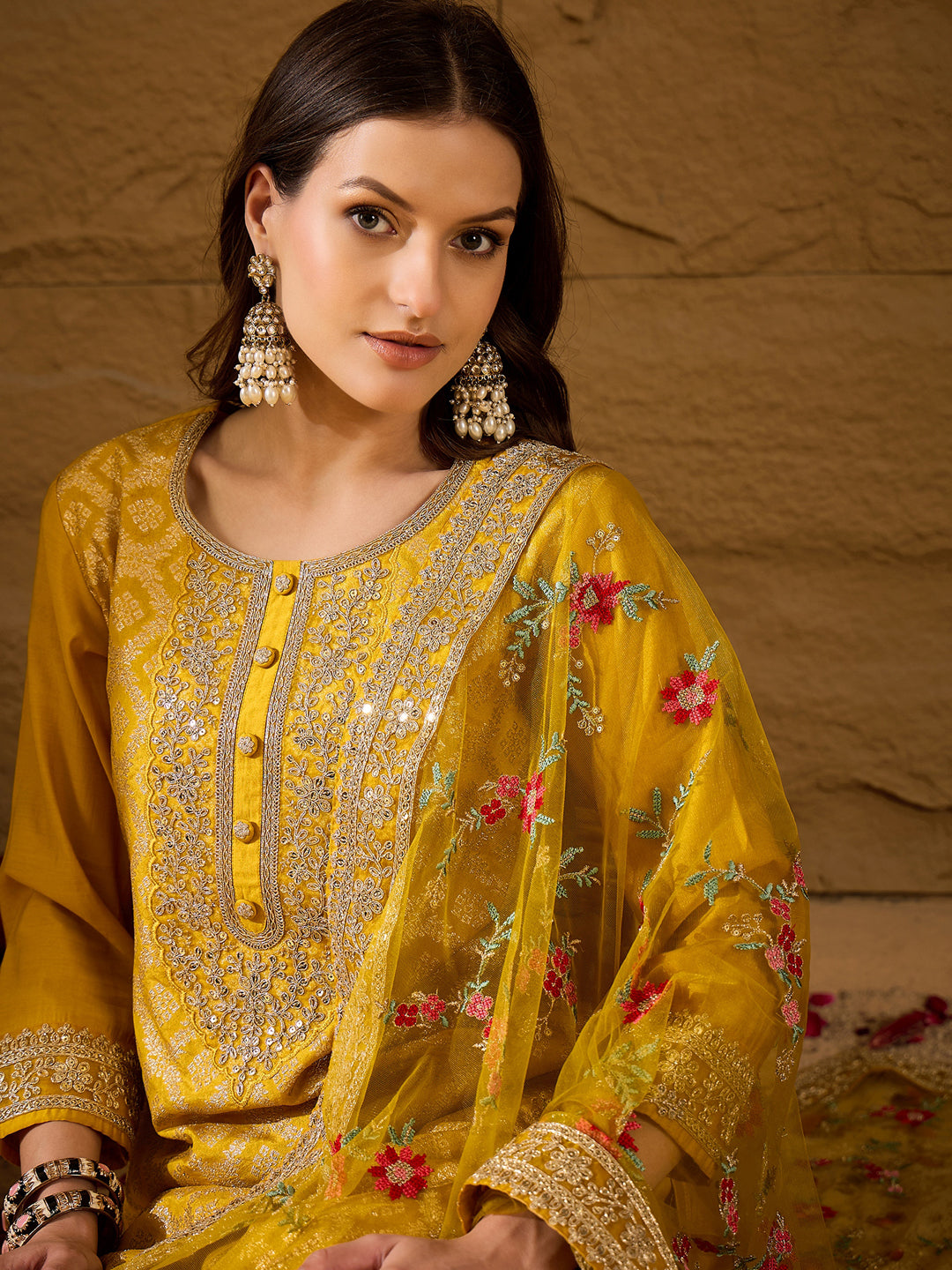 Yellow-Silk-Blend-Solid-Woven-Design-3-Piece-Kurta-Set