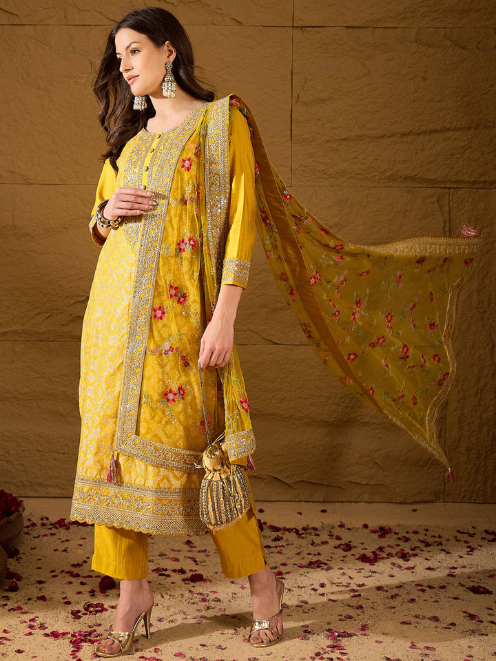 Yellow-Silk-Blend-Solid-Woven-Design-3-Piece-Kurta-Set