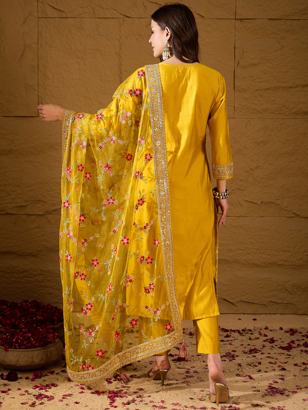 Yellow-Silk-Blend-Solid-Woven-Design-3-Piece-Kurta-Set