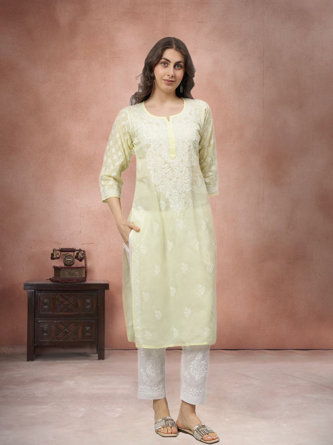 Yellow-Terivoil-Cotton-Embroidered-Chikankari-Kurta-Only