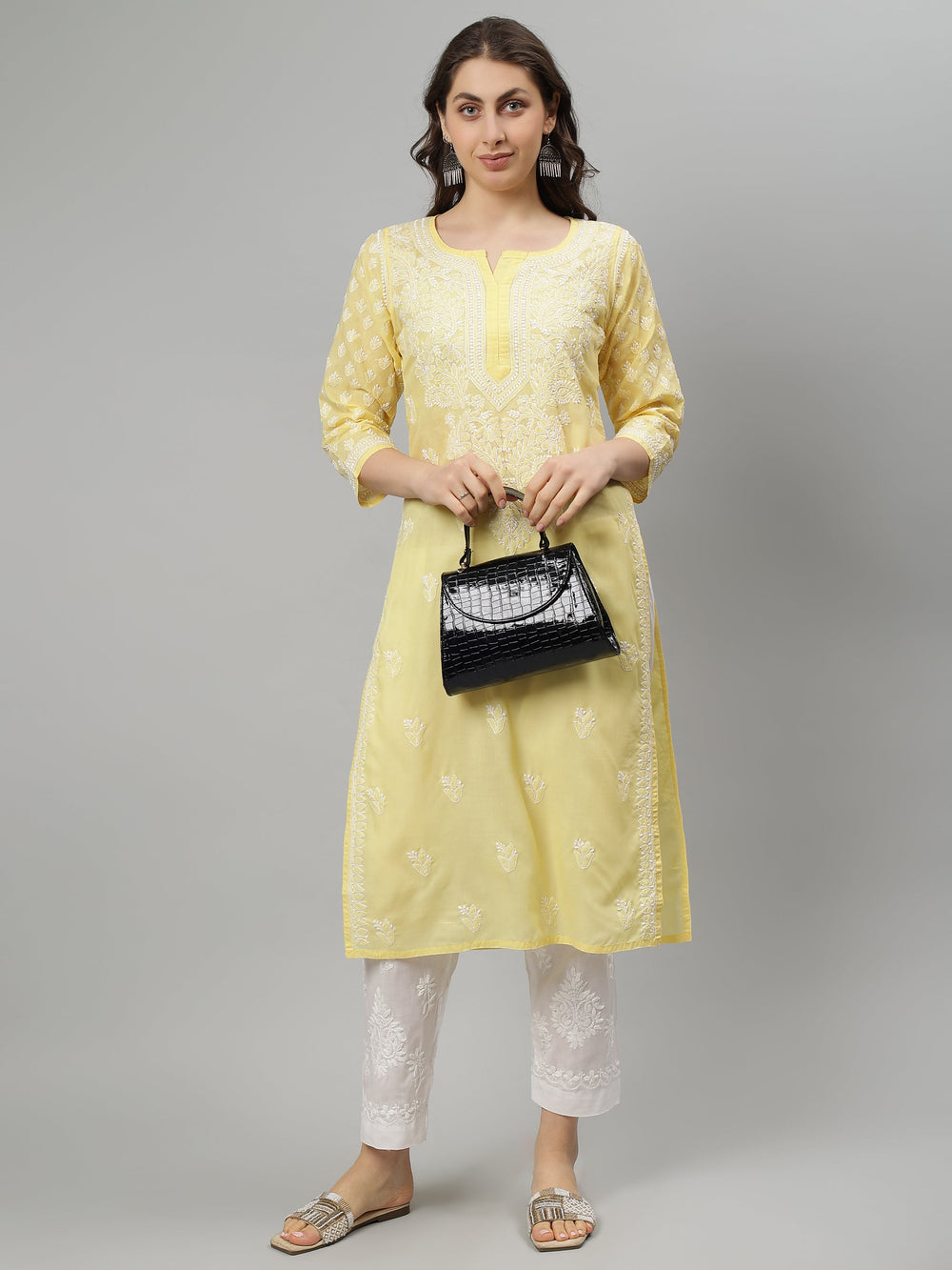 Yellow-Terivoil-Cotton-Embroidered-Chikankari-Kurta-Only