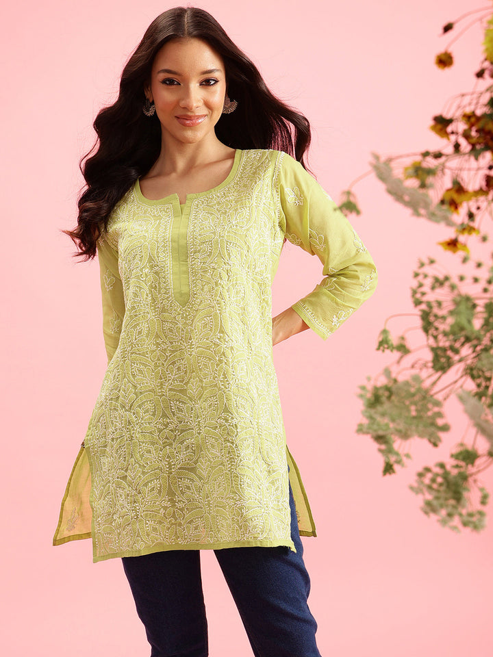 Yellowish Green & White Handloom Cotton Chikankari Tunic