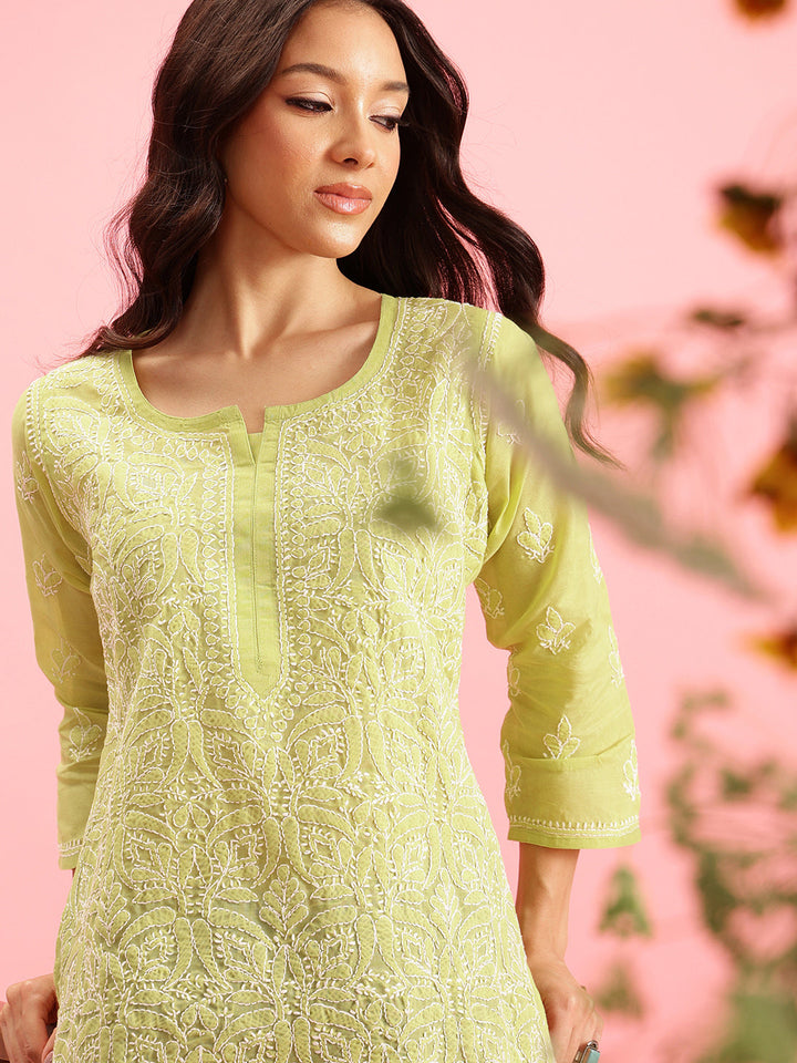 Yellowish Green & White Handloom Cotton Chikankari Tunic