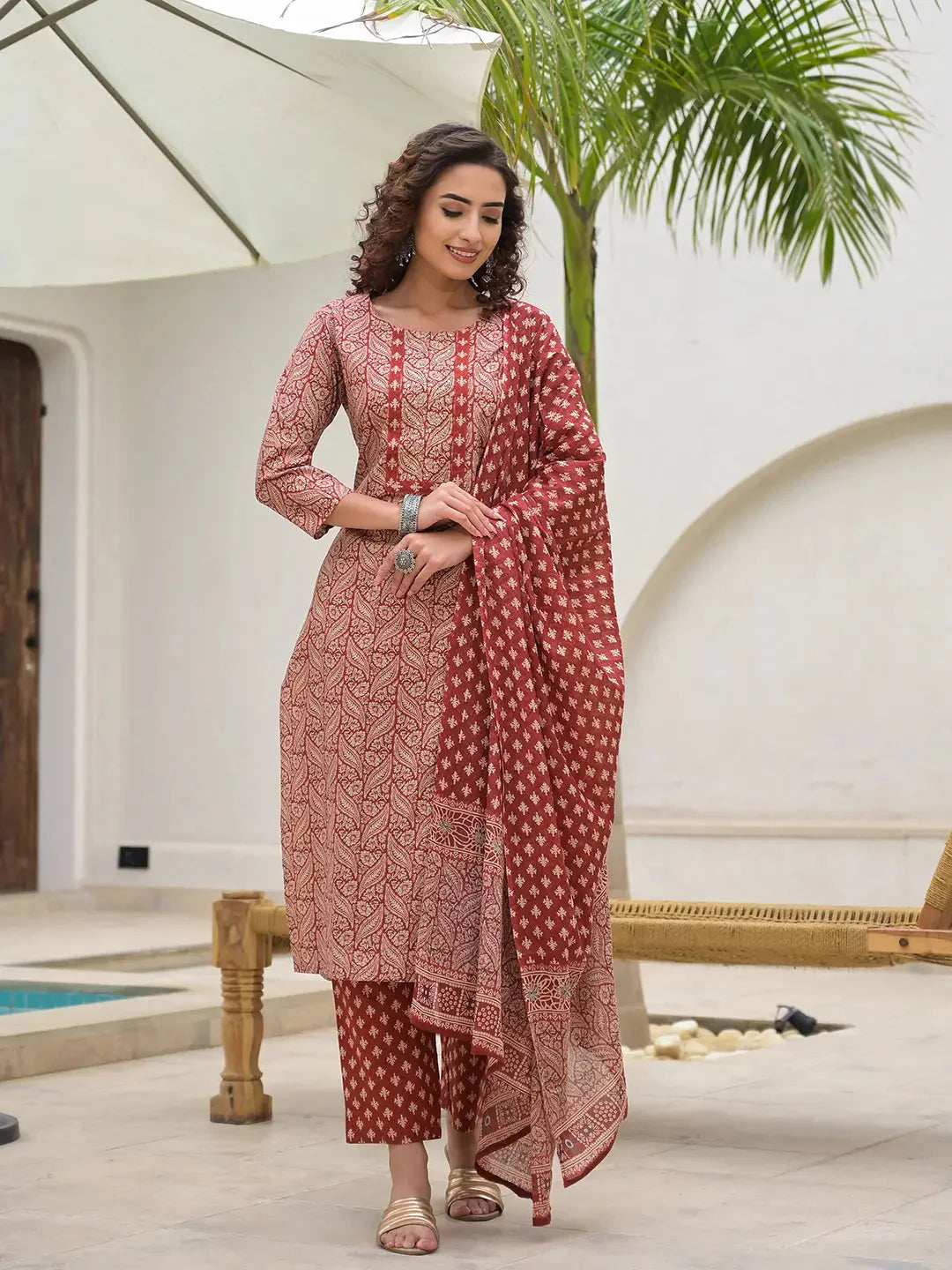 Maroon-Cotton-Embroidered-Printed-3-Piece-Kurta-Set