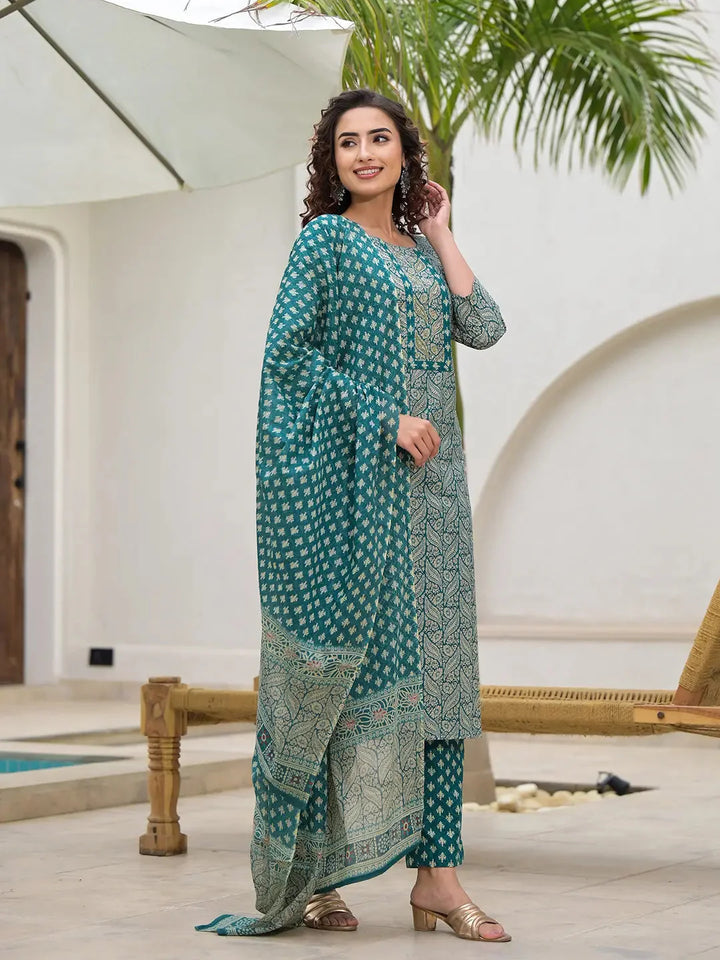 Teal-Green-Cotton-Embroidered-Printed-3-Piece-Kurta-Set