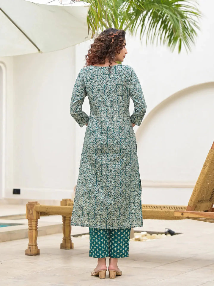 Teal-Green-Cotton-Embroidered-Printed-3-Piece-Kurta-Set