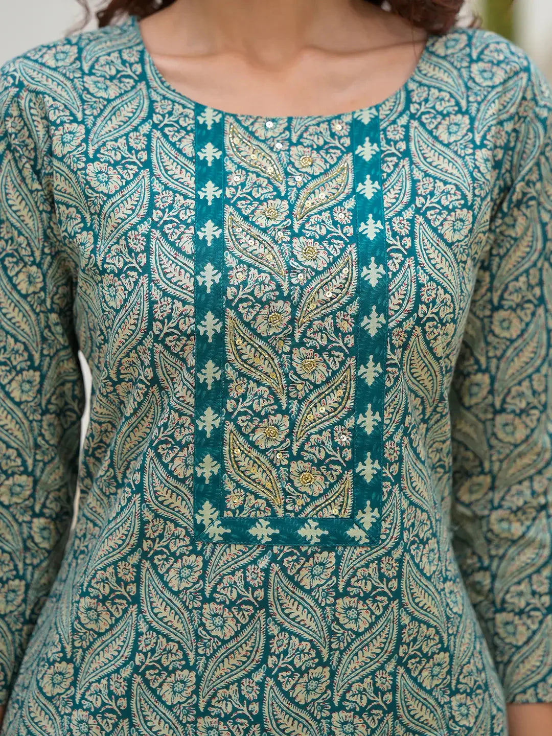 Teal-Green-Cotton-Embroidered-Printed-3-Piece-Kurta-Set