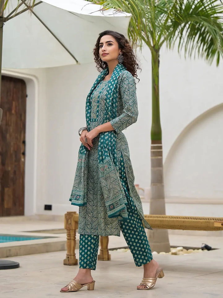 Teal-Green-Cotton-Embroidered-Printed-3-Piece-Kurta-Set