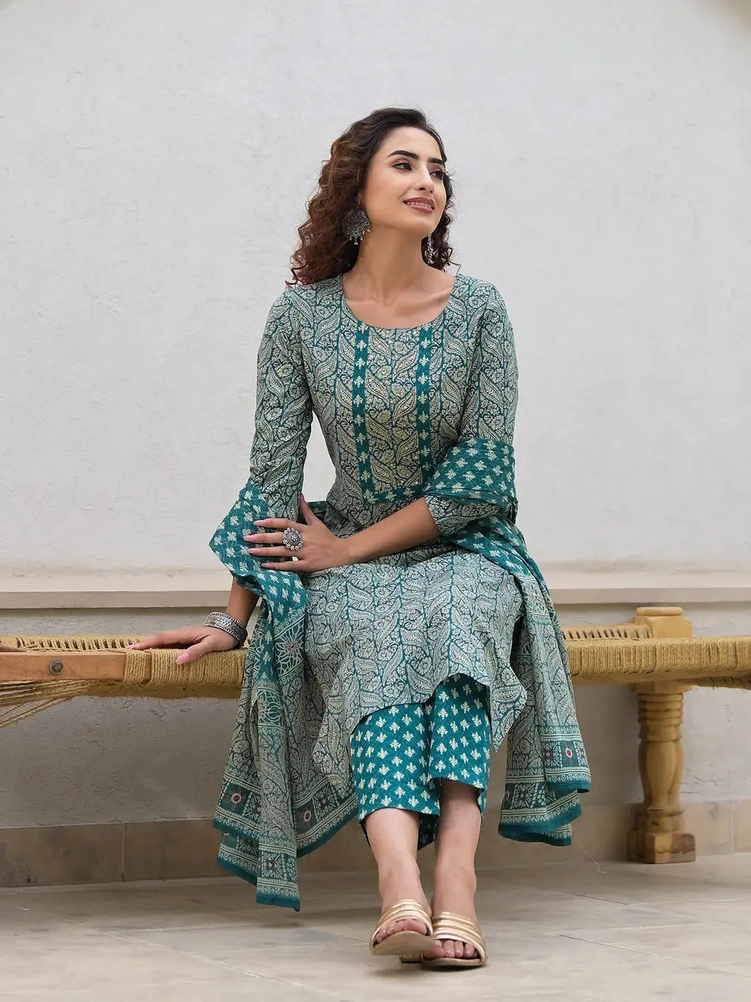 Teal-Green-Cotton-Embroidered-Printed-3-Piece-Kurta-Set